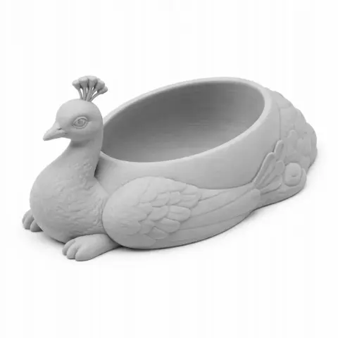 3D model of a peacock-shaped decorative bowl, featuring detailed feathers and elegant design.