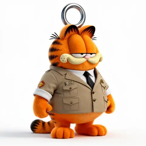 Comic-style Garfield dressed as Ace Ventura, in a suit with a ring on his head.