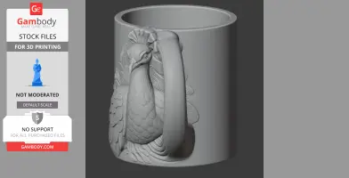 A mug featuring a detailed peacock design integrated into the handle.