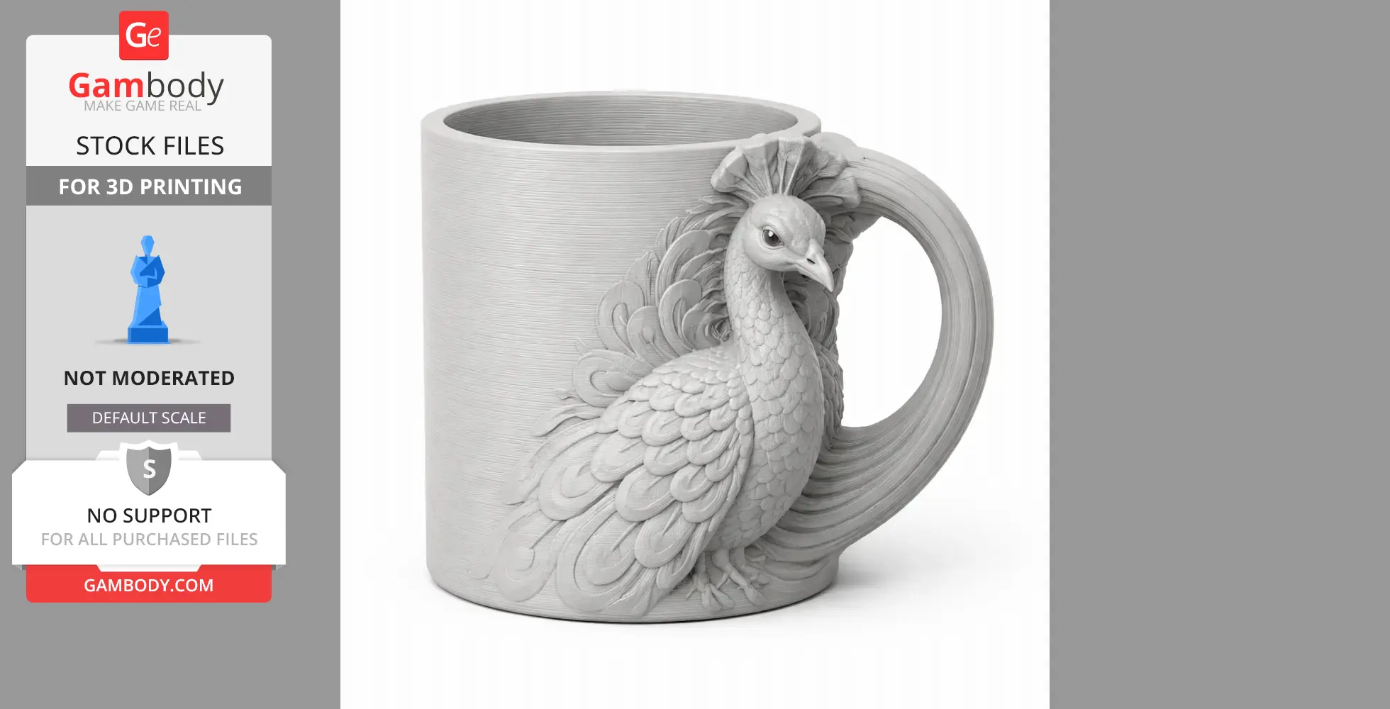 A detailed 3D printed mug with a sculpted peacock design integrated into the handle.