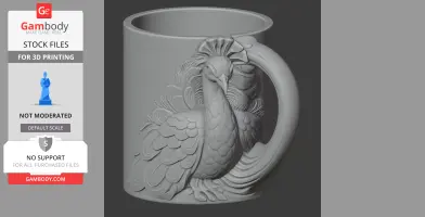 A mug with a detailed peacock design incorporated into the handle and side, intended for 3D printing.