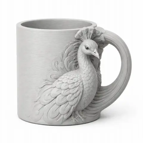 A detailed 3D printed mug with a peacock design featuring intricate feathers and plumage.