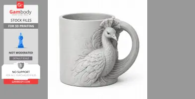 A detailed 3D printed mug with a sculpted peacock design integrated into the handle.