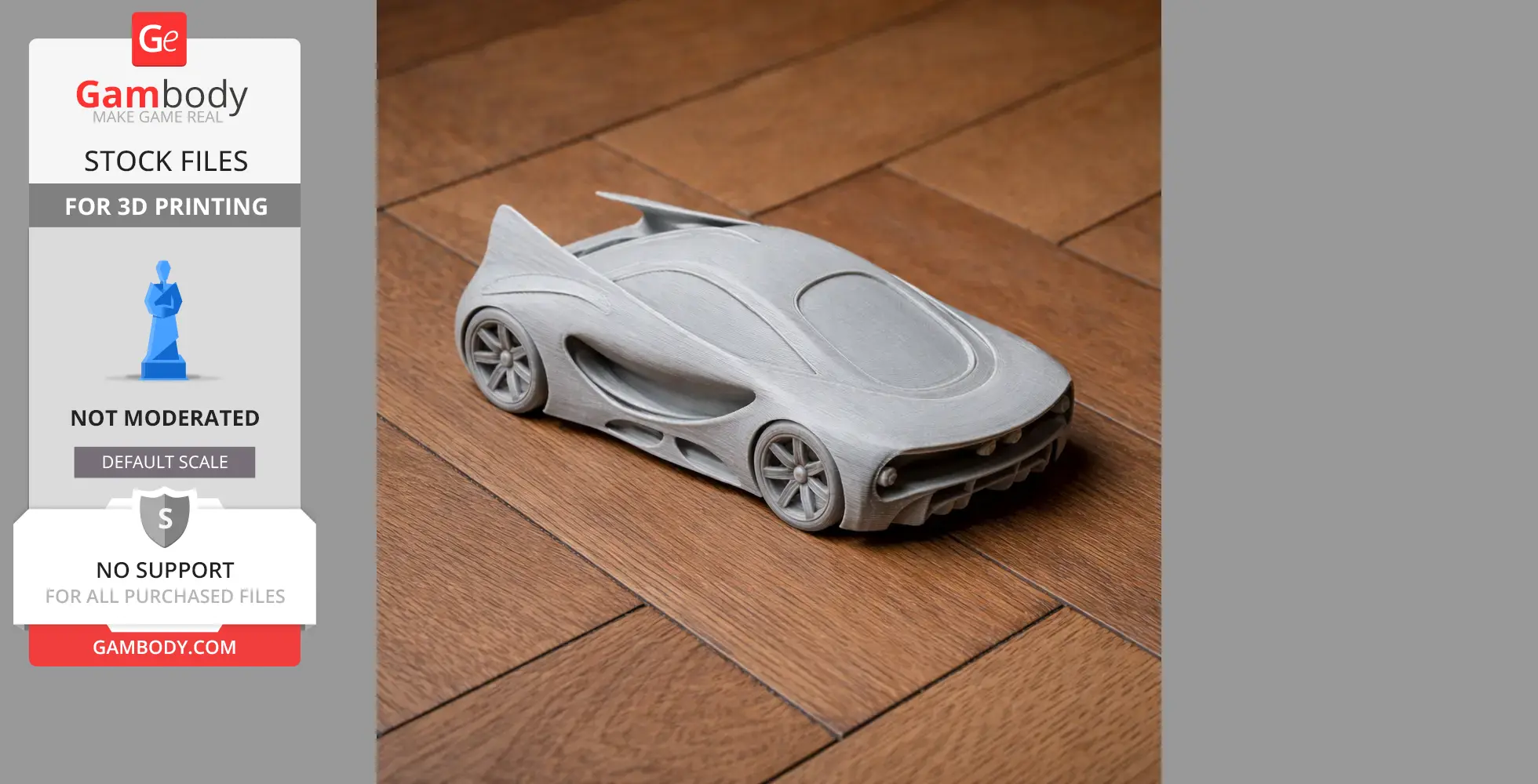 3D printed model of a sleek, futuristic Alfa Romeo BAT concept car on a wooden floor.