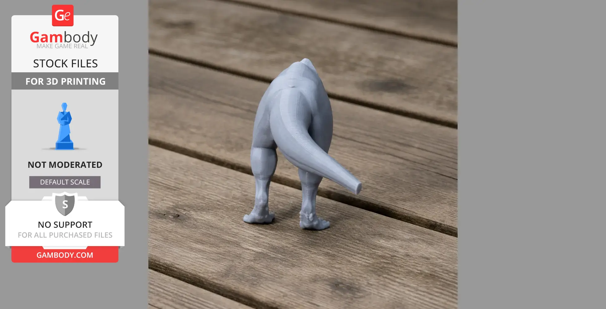 A 3D printed dinosaur model viewed from the back, showcasing its legs and tail on a wooden surface.