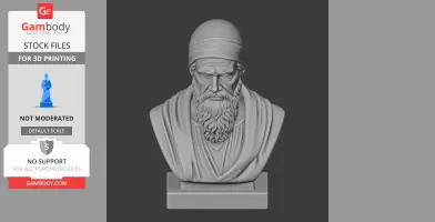 A 3D bust of a historical warrior with a beard and head wrap, on a square base for printing.