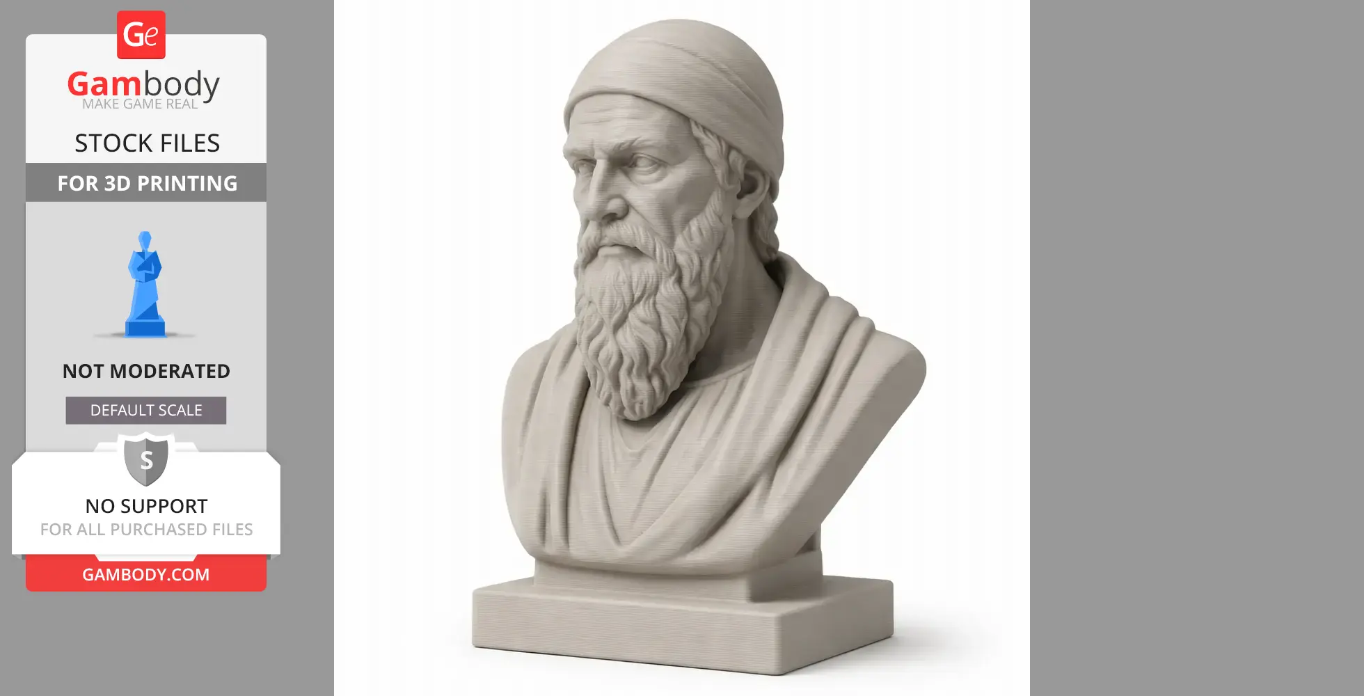 A detailed 3D bust of a bearded historical warrior wearing a headband, designed for 3D printing.