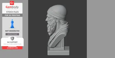 A detailed 3D bust of a historical warrior with a beard and headscarf on a pedestal.