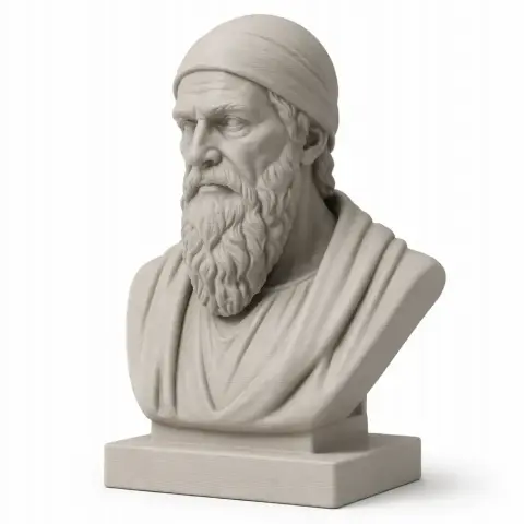 Bust of a historical warrior with a beard and headscarf, wearing a draped garment.