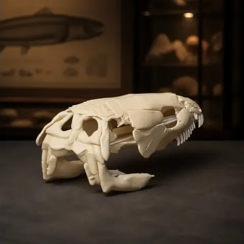 3D-printed Bowfin fish skull replica displayed in a museum-like setting.