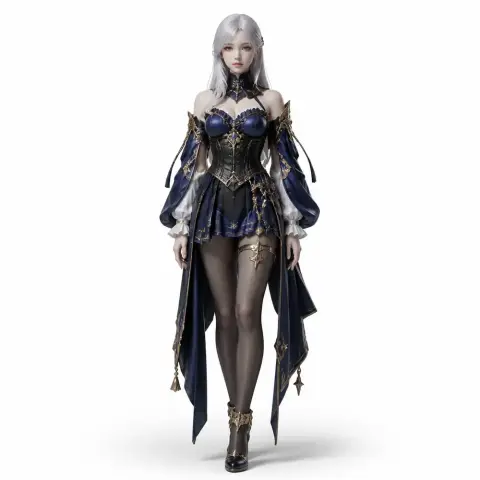 A detailed 3D model of a fantasy female character in an ornate, blue and black outfit with long silver hair.