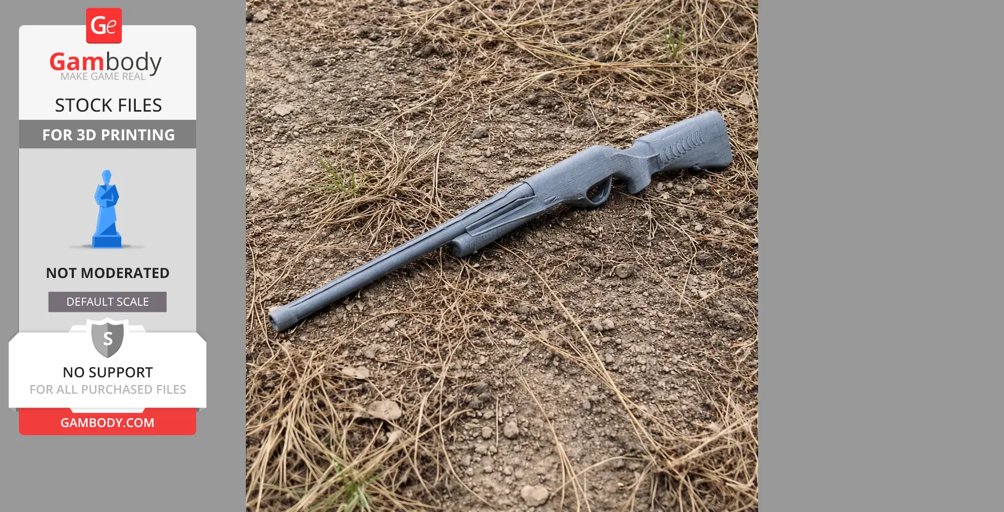 A 3D-printed replica of a Benelli Vinci gun prop lying on dry grass and soil.