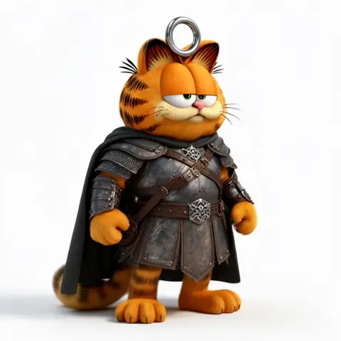 Cartoon cat dressed as a medieval warrior, wearing armor and a cloak with a ring on its head.