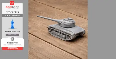 A detailed 3D-printed model of the AMX-50 tank on a wooden surface.