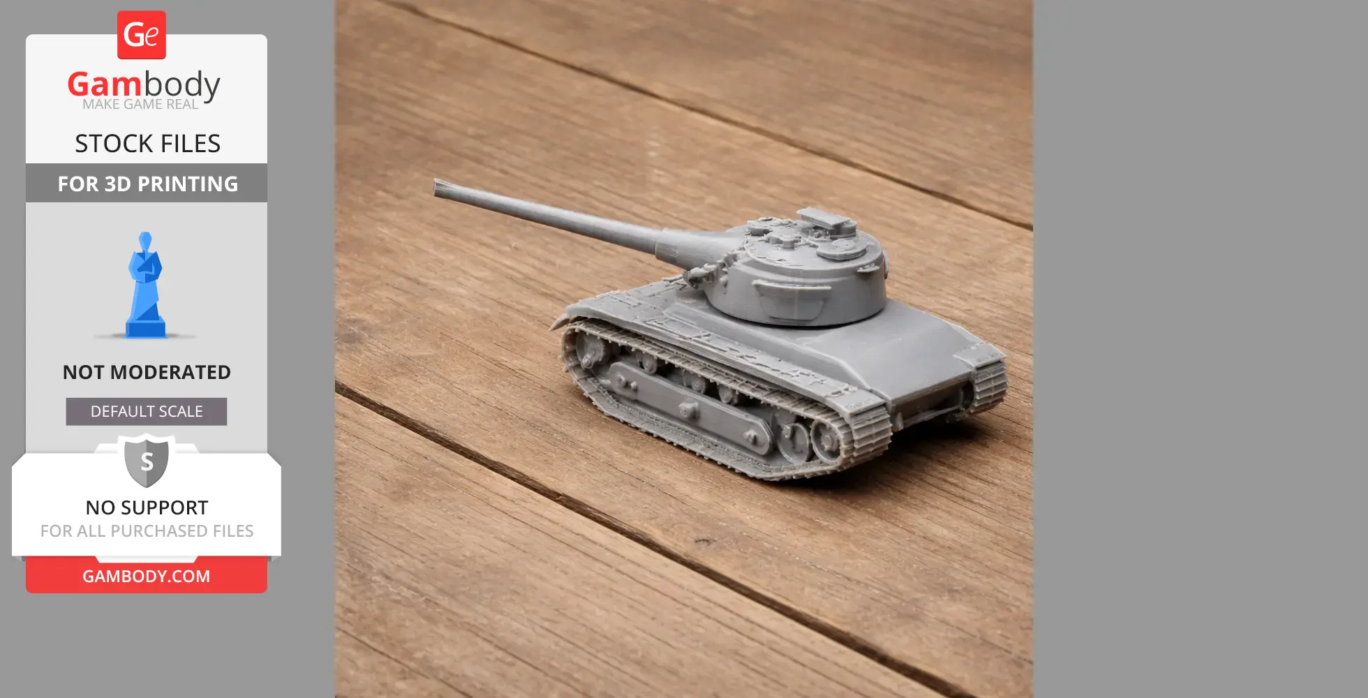 A detailed 3D-printed model of the AMX-50 tank on a wooden surface.