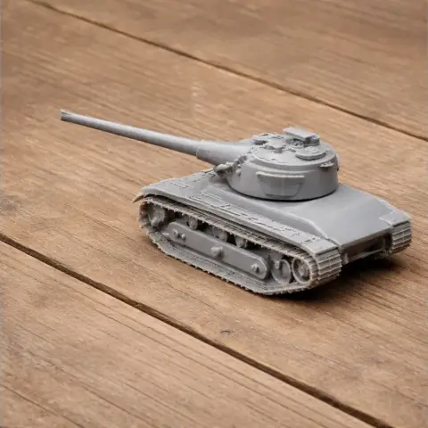 3D-printed gray AMX-50 tank model with detailed turret and tracks on a wooden surface.