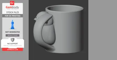 A 3D model of a mug with a penguin-shaped handle, designed for 3D printing.