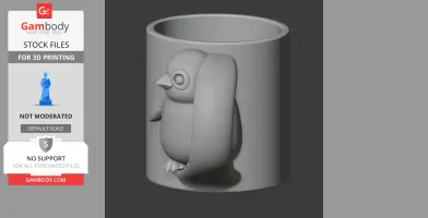 A 3D printed mug design featuring a small penguin integrated into the exterior.