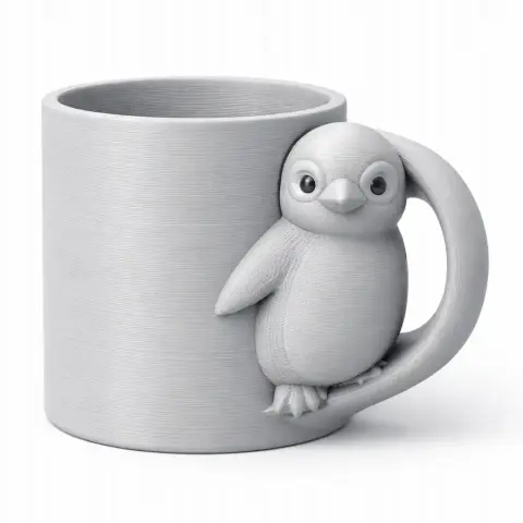 3D model of a mug with a cute penguin integrated into the handle.