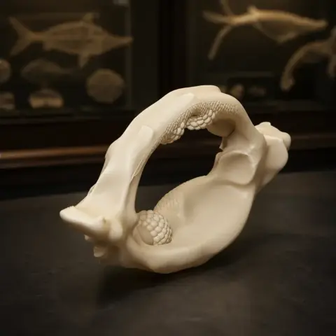 3D-printed bowmouth guitarfish skull replica displayed on a dark surface.