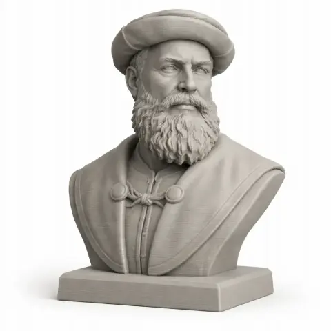 A detailed 3D-printed bust of a bearded man in historical attire and hat, on a rectangular base.