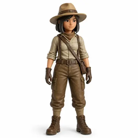 A figurine of an archaeologist in adventure attire, with a hat, belt, gloves, and boots.