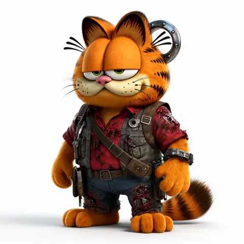Cartoonish orange cat in a rugged outfit with a gear-like accessory, blending hero and feline elements.