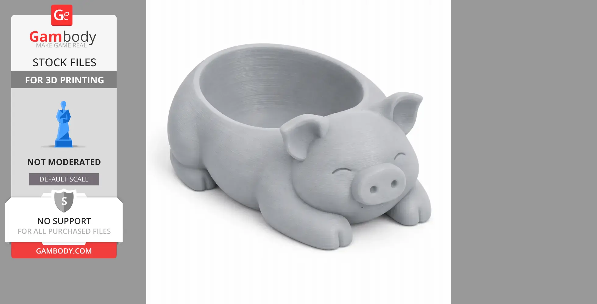 Gray pig-shaped bowl with a smiling face, designed for 3D printing, from Gambody Stock.