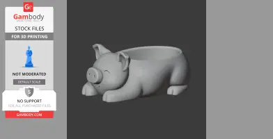 Gray 3D model of a cute pig-shaped bowl with a smiling face and floppy ears, designed for 3D printing.