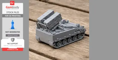 A detailed 3D-printed model of an anti-tank missile carrier with tracks and missile launchers.