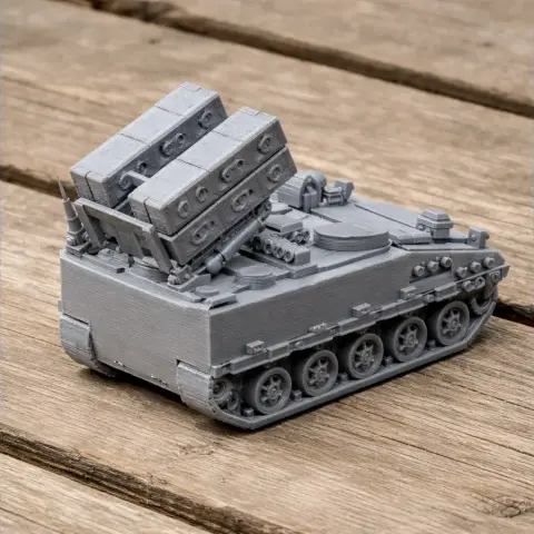 3D-printed anti-tank missile carrier with detailed tracks and mounted missile launcher.