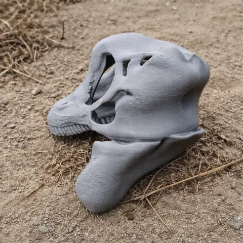 3D-printed gray brontosaurus skull replica resting on a gravel and grass surface.