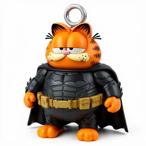 A Garfield and Batman mashup figure in a superhero suit with a cape and a ring on its head.