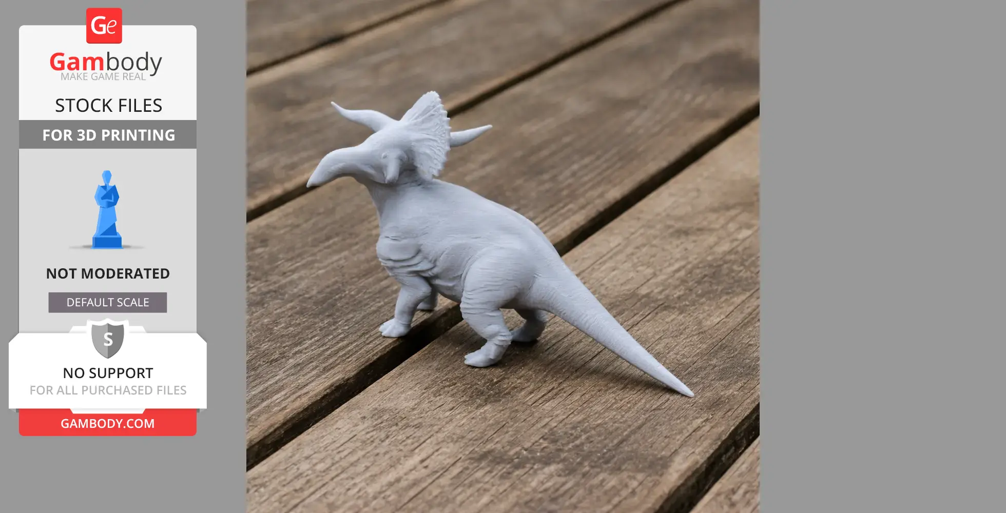 A 3D-printed Nasutoceratops figure on wooden planks, showcasing its detailed dinosaur features.