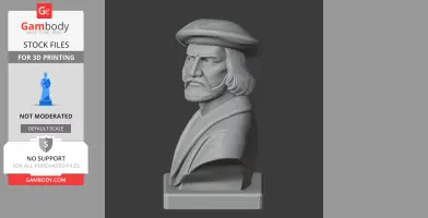 Bust of a historical warrior with a beard and cap on a display stand for 3D printing.