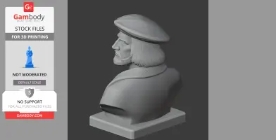 3D bust of a historical warrior with a beard and beret, designed for 3D printing.