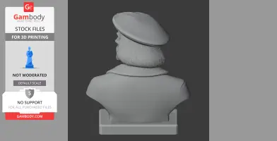 Bust of a historical figure from behind, wearing a beret and detailed clothing on a display stand.