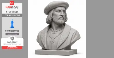 Bust of a historical figure with a beard, wearing a hat and decorative clothing.