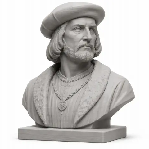 Bust of a historical figure wearing a hat and robe with detailed textures on a rectangular base.