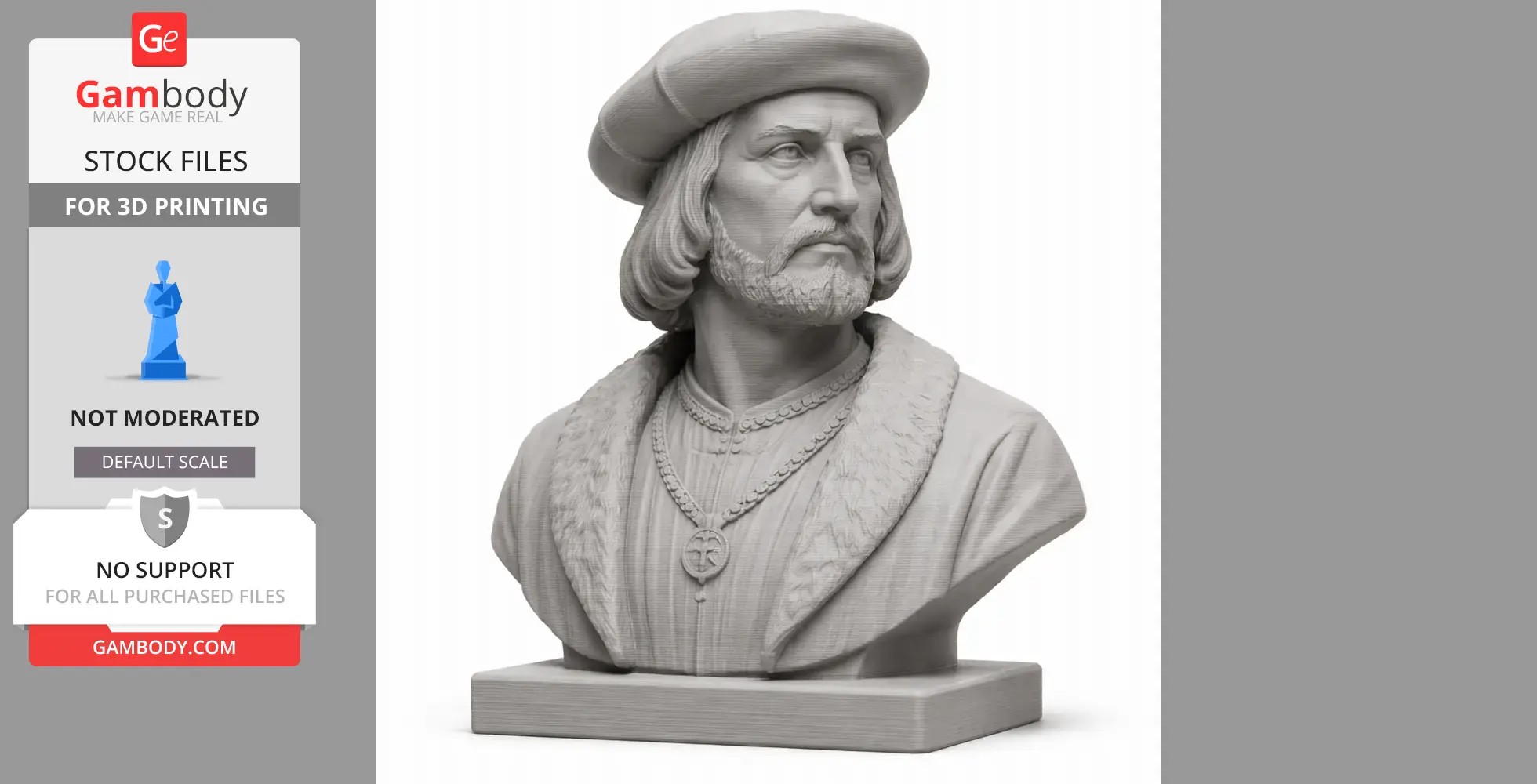 Bust of a historical figure with a beard, wearing a hat and decorative clothing.