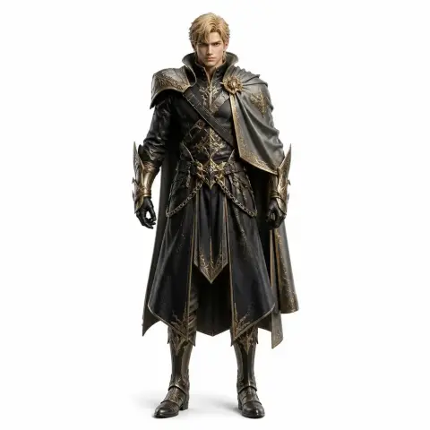 A detailed figurine of a fantasy warrior in ornate armor with a cape and sword, designed for 3D printing.