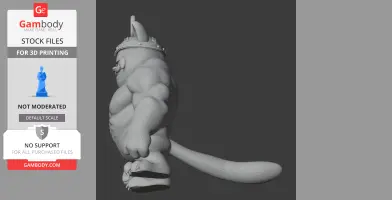 Muscular, anthropomorphic feline figure with a crown and long tail, side profile.