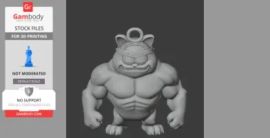 Muscular Garfield-like creature with a ring on top, standing upright, arms at sides. 3D model for printing.