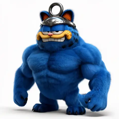 Blue muscular cat figure with helmet and ring on top, designed for 3D printing.
