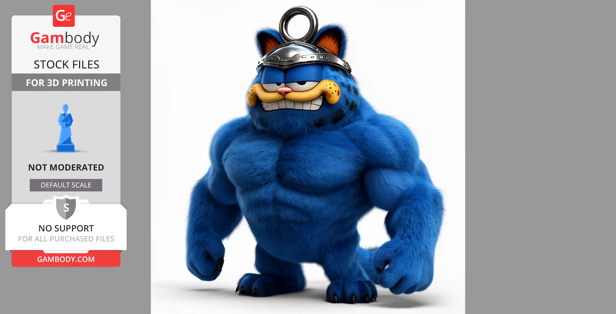 A muscular blue cat figure with a fierce expression, wearing a metal helmet with a ring on top.