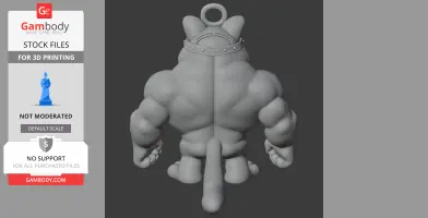 Muscular figure with cat-like features wearing a collar, viewed from behind; tail and muscular arms visible.