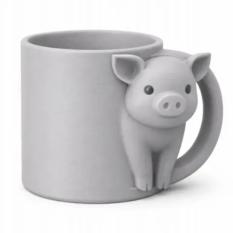 Gray mug with a cute pig face and body integrated into the handle.