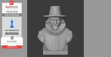 A detailed bust of a historical figure with a ruffled collar and hat, suitable for 3D printing.