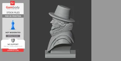 Side profile of a bust depicting a man in historical attire with a hat and ruffled collar.