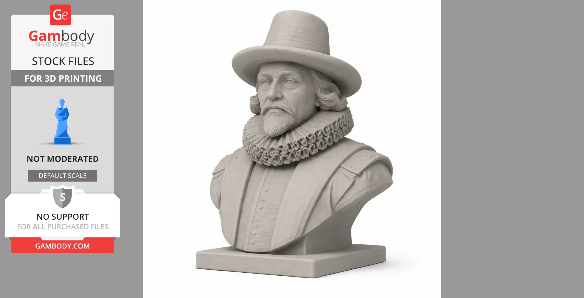 Bust of a historical figure with a ruffled collar and wide-brimmed hat, designed for 3D printing.